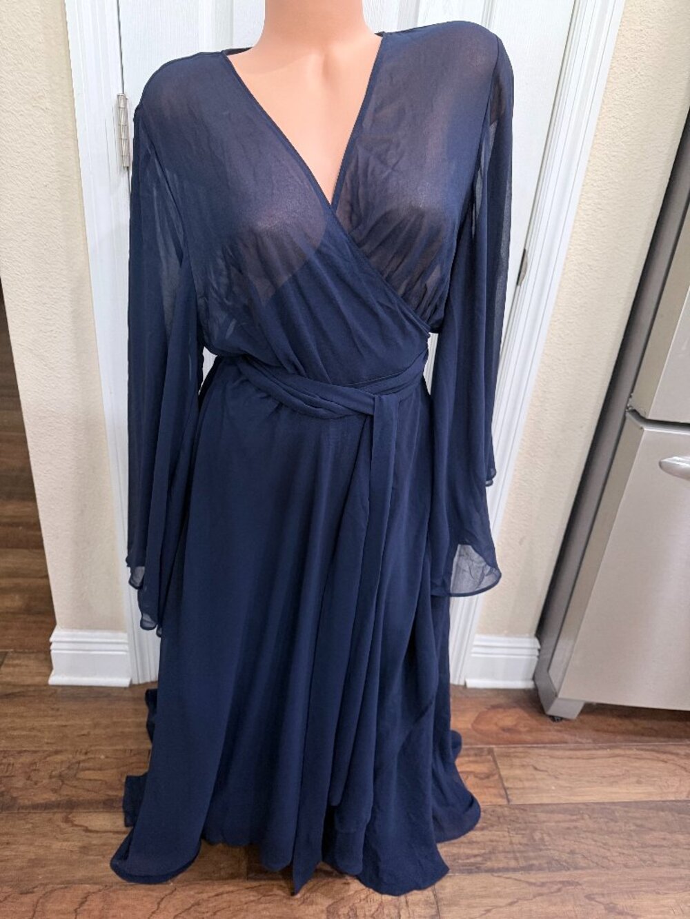 City Chic L/20 Navy Sheer Chiffon Robe Dressing Gown Lingerie Bell Sleeve Maxi